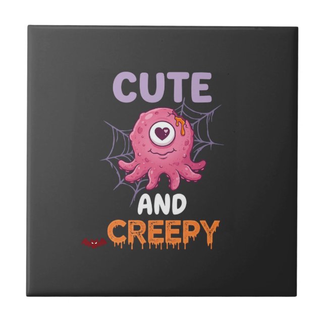 Cute Creepy Pink Monster Halloween Spider Web Bats Tile (Front)