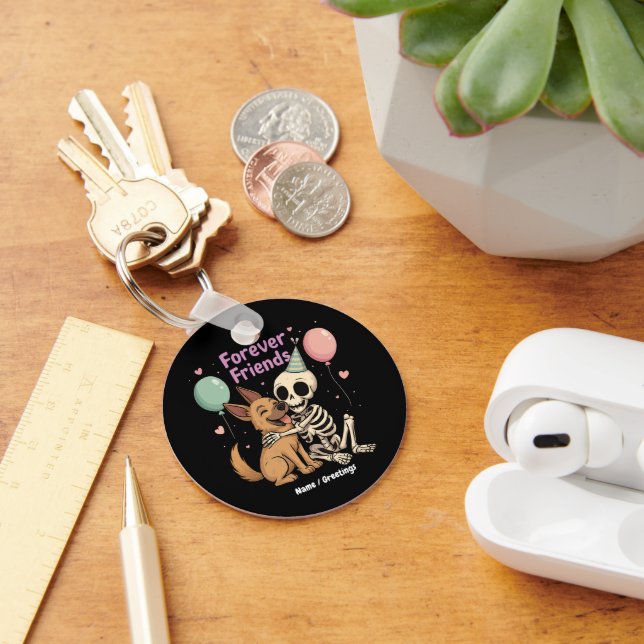 Cute Creepy Skeleton Hugging German Shepherd Dog F Keychain (Desk)