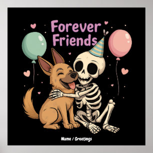 Cute Creepy Skeleton Hugging German Shepherd Dog F Poster