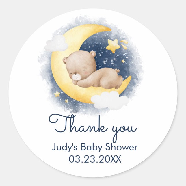 Cute Crescent Moon Teddy Bear Baby Shower Classic Round Sticker (Front)
