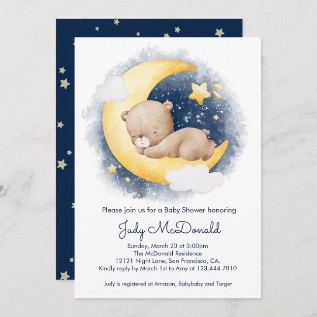 Cute Crescent Moon Teddy Bear Baby Shower  Invitation (Front/Back)
