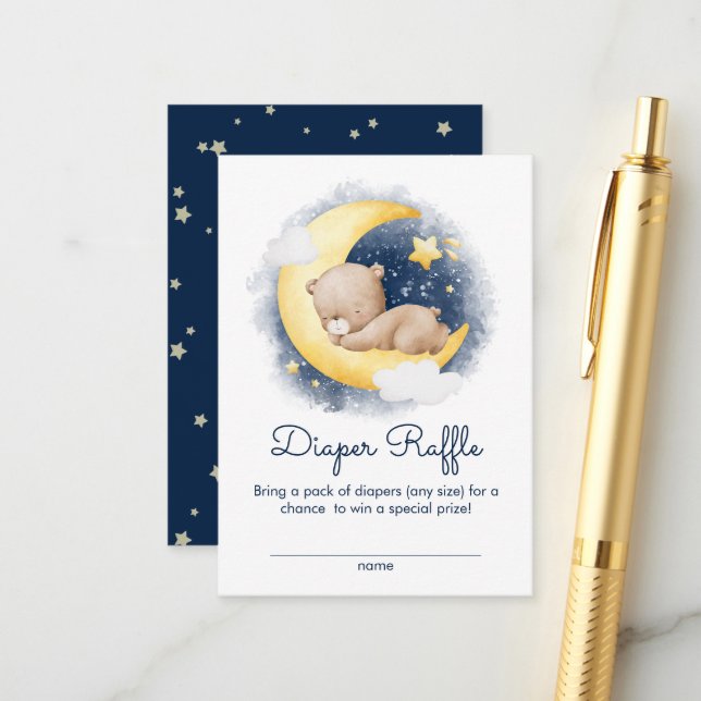 Cute Crescent Moon Teddy Bear Diaper Raffle Enclosure Card (Front/Back In Situ)