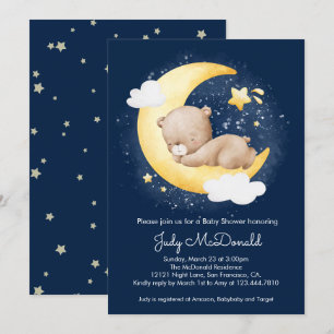 Cute Crescent Navy Moon Teddy Bear Baby Shower Invitation