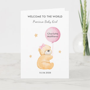 Cute Crimson Balloon Bear Welcome Baby Girl Card