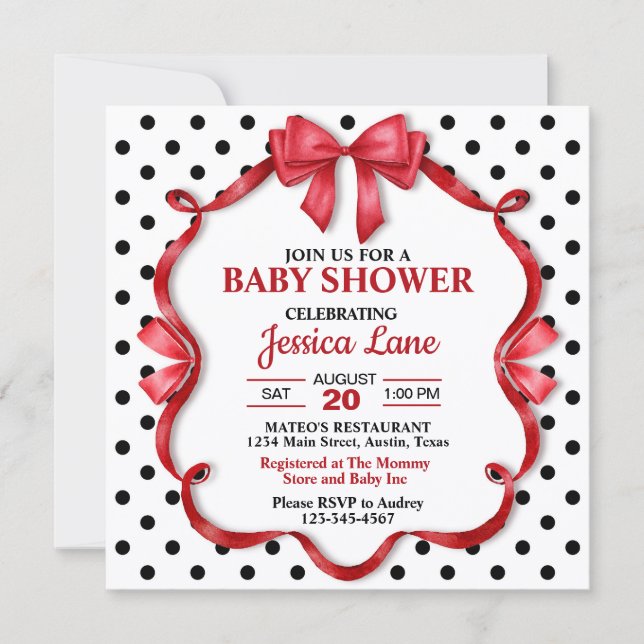 Cute Crimson Bow Baby Shower Invitation (Front)