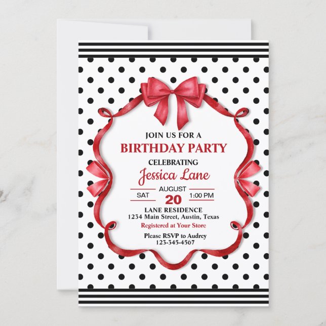 Cute Crimson Bow Girly Birthday Invitation (Front)