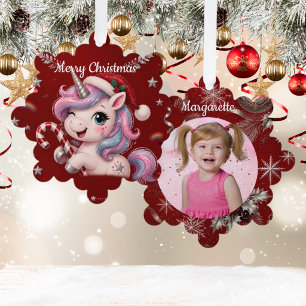 Cute Crimson Christmas Unicorn Girl Photo Ornament Card