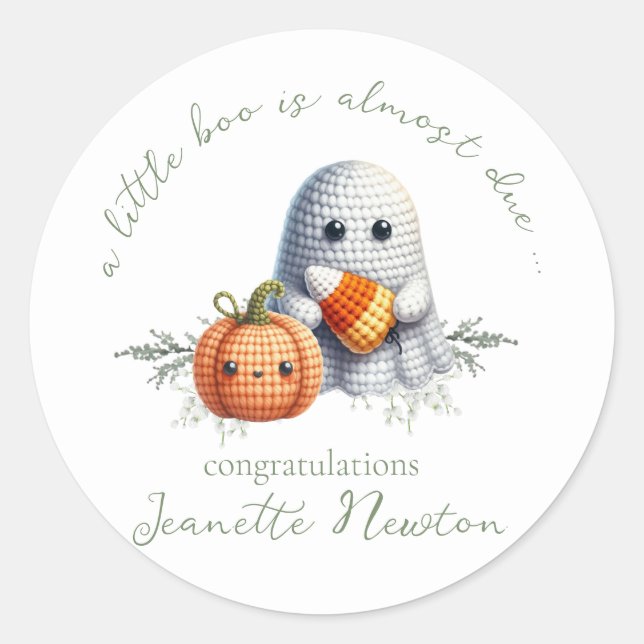 Cute Crochet Ghost Halloween Baby Shower Classic Round Sticker (Front)