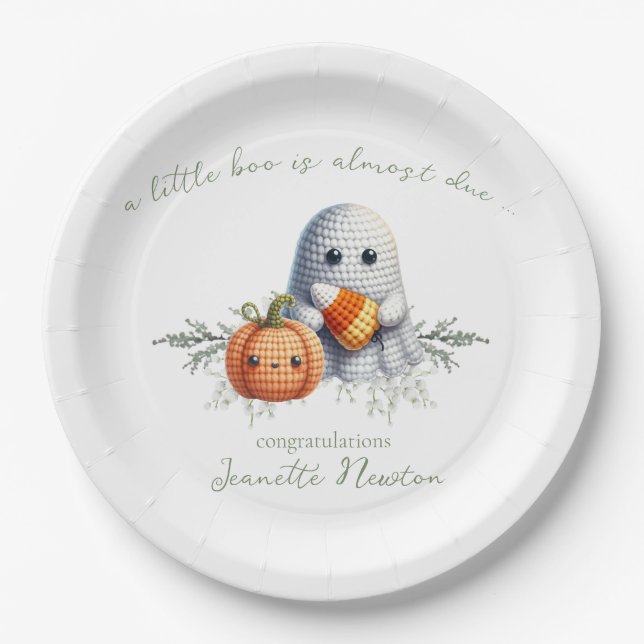 Cute Crochet Ghost Halloween Baby Shower Paper Plate (Front)