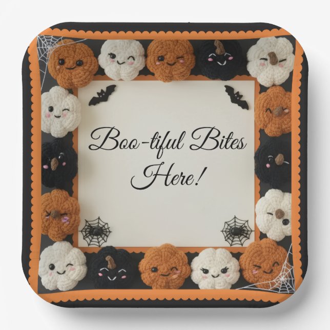 Cute Crochet Pumpkin Halloween Paper Plates  (Front)