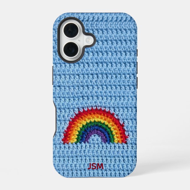 Cute Crochet Rainbow Custom Initials Monogram   iPhone 16 Case (Back)