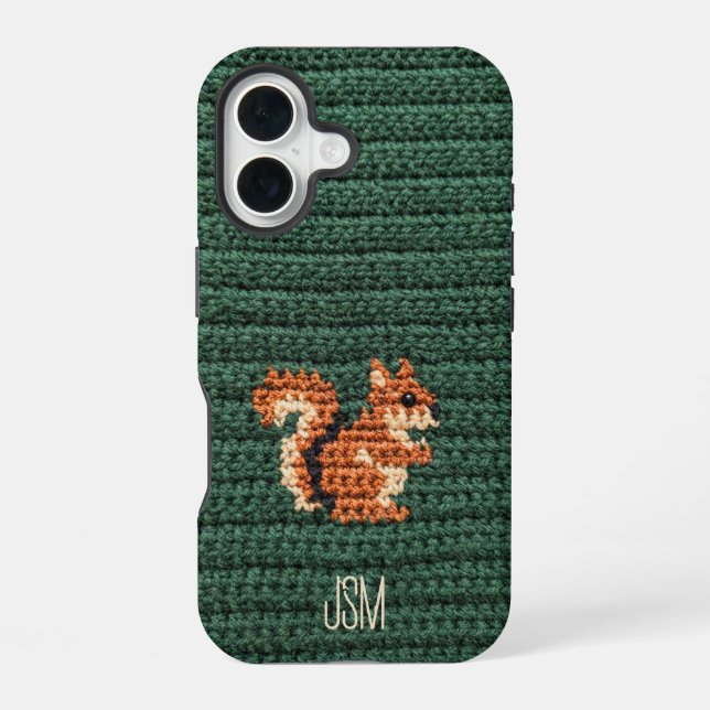 Cute Crochet Squirrel Custom Initials Monogram   iPhone 16 Case (Back)