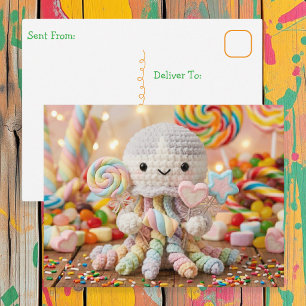 Cute Crocheted Octopus and Candy Land Postcard