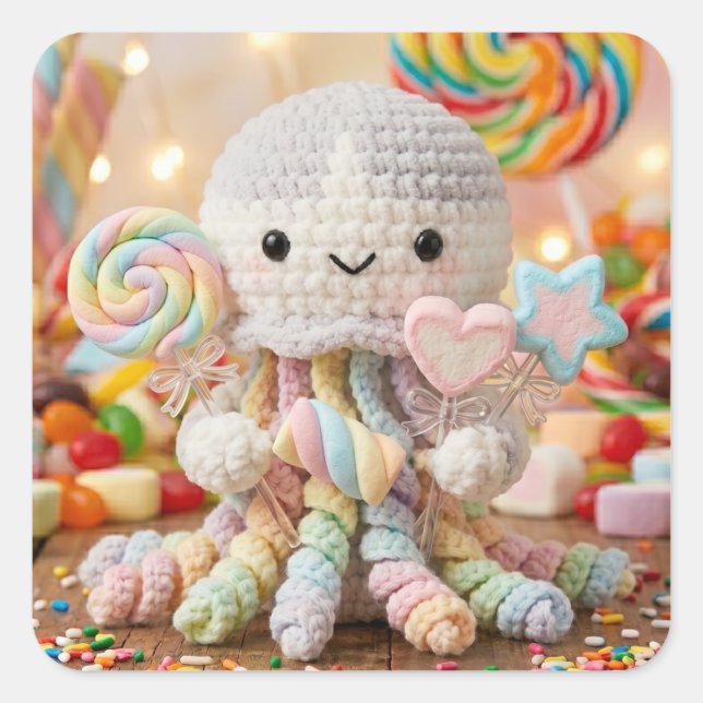 Cute Crocheted Octopus and Candy Land Square Sticker (Front)