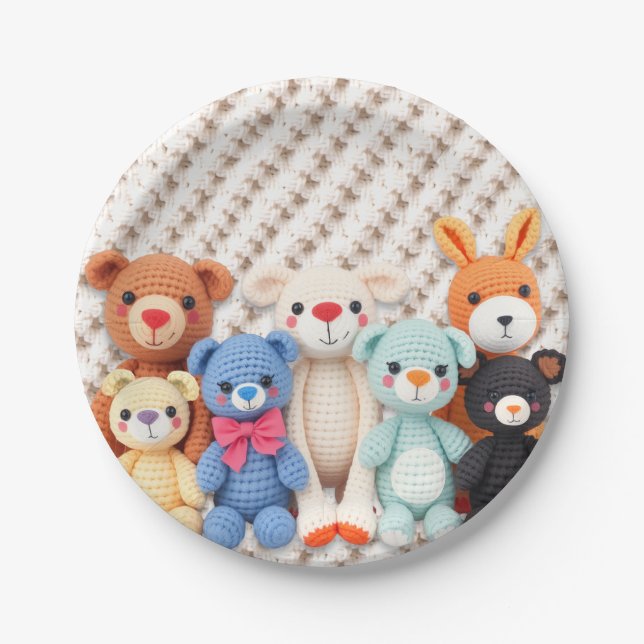 Cute Crocheted Stuffed Animals Boy's Baby Shower Paper Plate (Front)