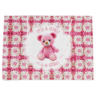 Cute Crocheted Teddy Bear Girl's Baby Shower Large Gift Bag