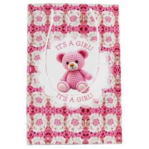 Cute Crocheted Teddy Bear Girl's Baby Shower Medium Gift Bag