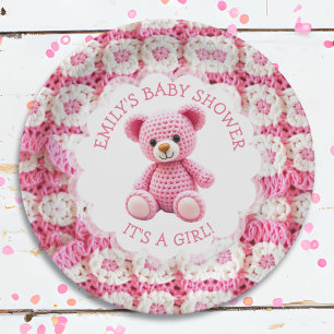 Cute Crocheted Teddy Bear Girl's Baby Shower Paper Plate