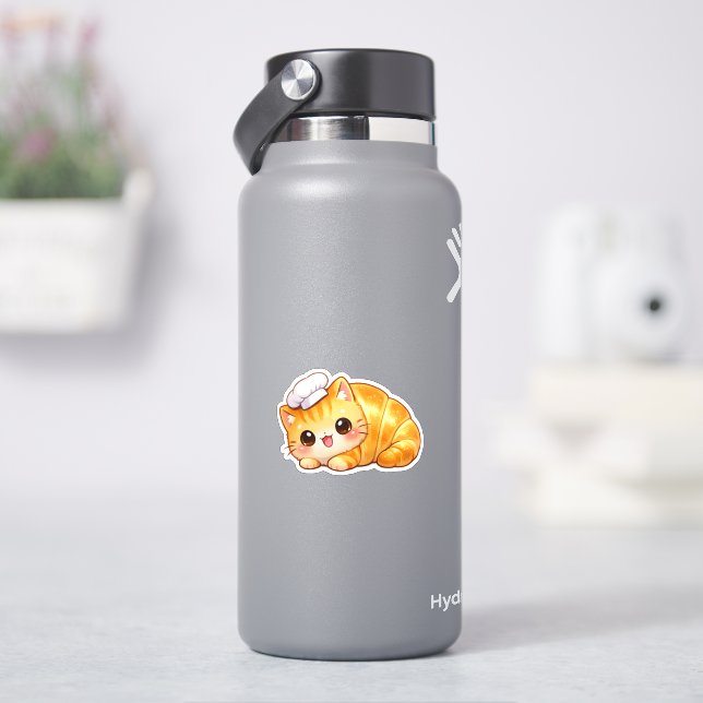 Cute Croissant Cat Kawaii Bakery Vinyl Sticker (HydroFlask)