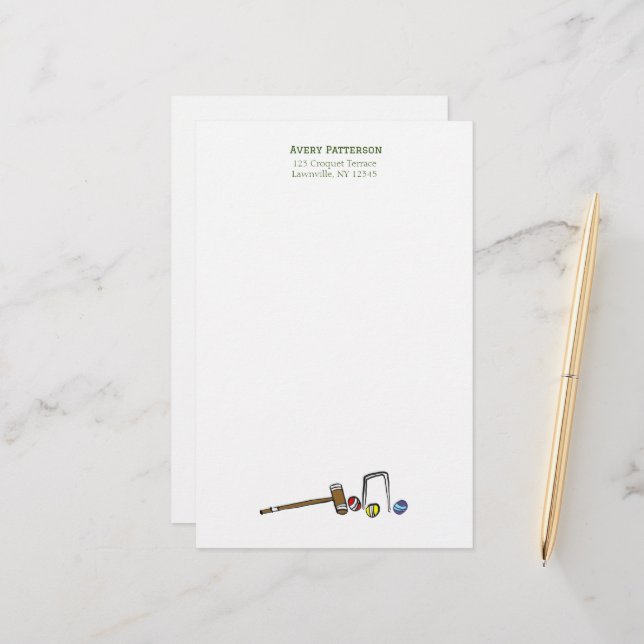 Cute Croquet Hand-Drawn Mallets Preppy Boho Chic Stationery (Front/Back In Situ)