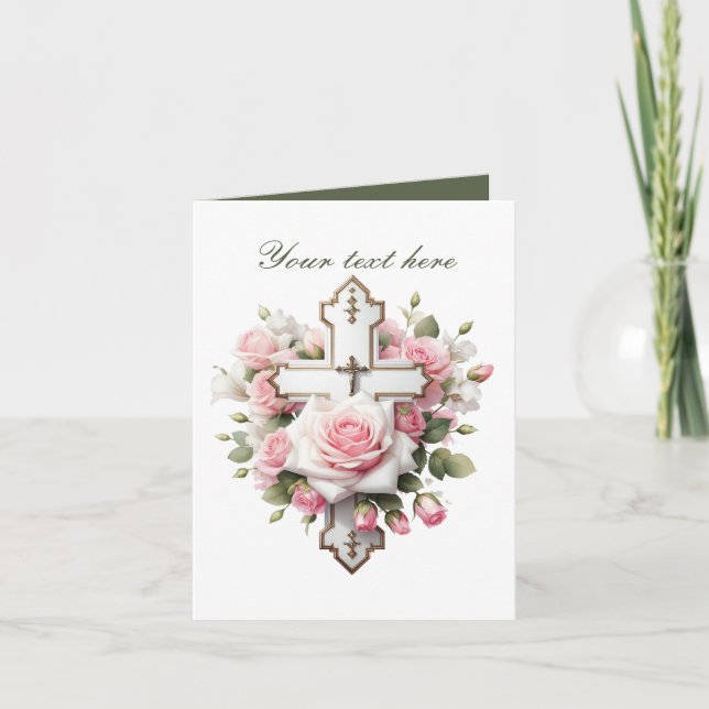 Cute Cross with roses customizable  Card (Front)
