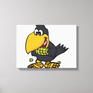 Cute crow eating corn choose background colour canvas print