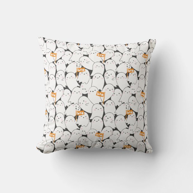 Cute Crowded Ghosts with Boo flags Throw Pillow (Front)
