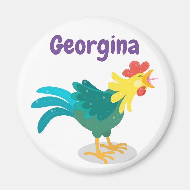 Cute crowing rooster cartoon illustration magnet (Front)