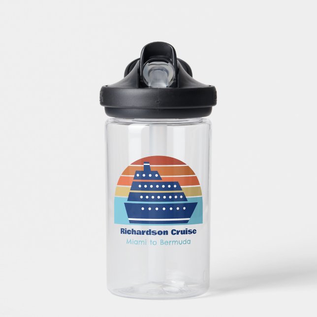 Cute Cruise Ship Family Trip Sunset Personalized Water Bottle (Front)