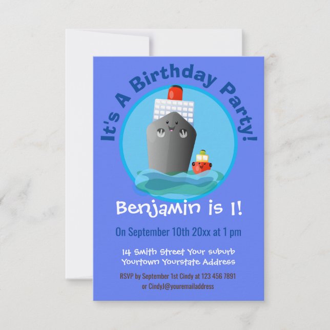 Cute cruise ship tug boat cartoon illustration invitation (Front)