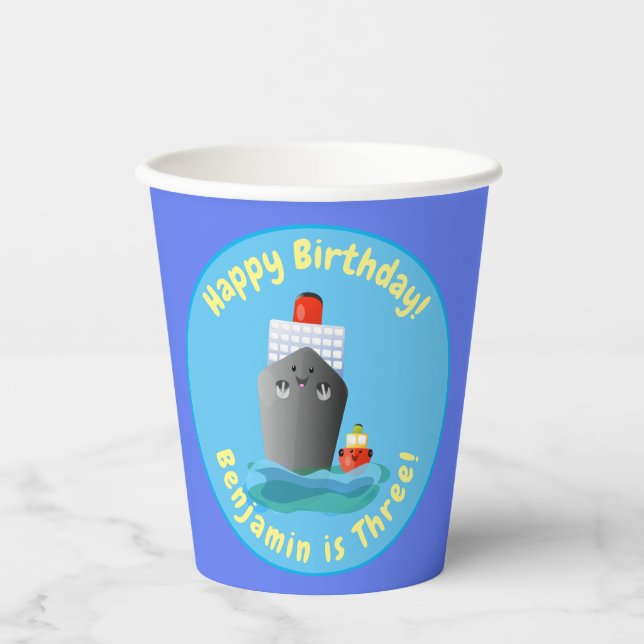 Cute cruise ship tug boat cartoon illustration paper cups (Front)