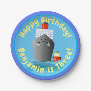 Cute cruise ship tug boat cartoon illustration paper plate