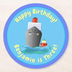 Cute cruise ship tug boat cartoon illustration round paper coaster