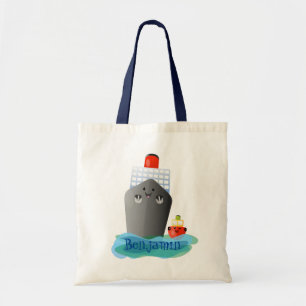 Cute cruise ship tug boat cartoon illustration tote bag