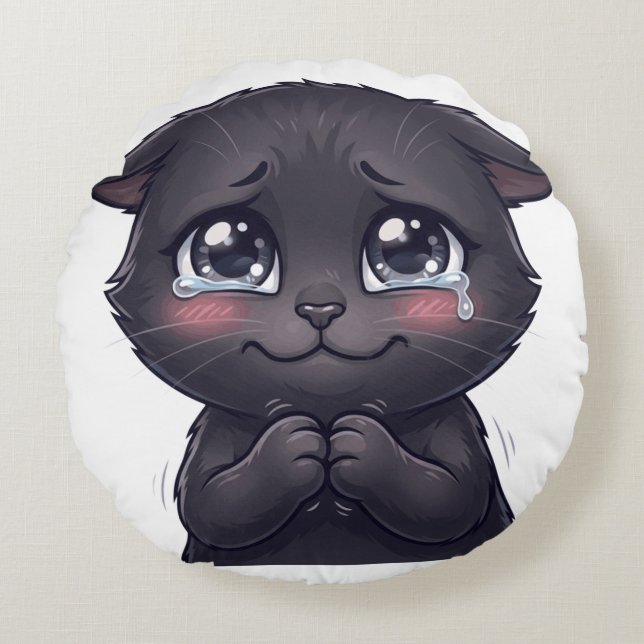 Cute Crying Black Cat Begging Canvas Wall Art Round Pillow (Front)