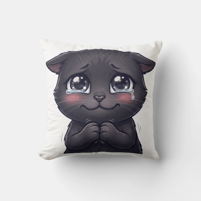 Cute Crying Black Cat Begging Canvas Wall Art Throw Pillow (Front)