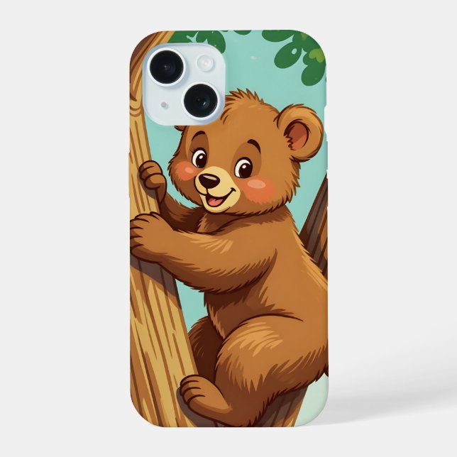 Cute cub bear climbing a tree iPhone 15 case (Back)