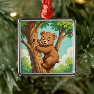 Cute cub bear climbing a tree metal ornament