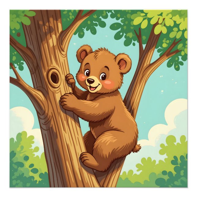 Cute cub bear climbing a tree photo print (Front)