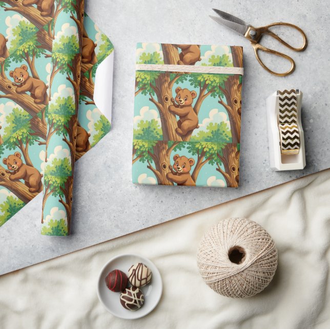 Cute cub bear climbing a tree wrapping paper (Crafts)