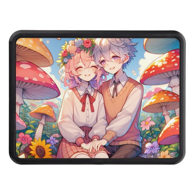 Cute Cuddly Anime Couple Whimsical Romantic Trailer Hitch Cover (Front)