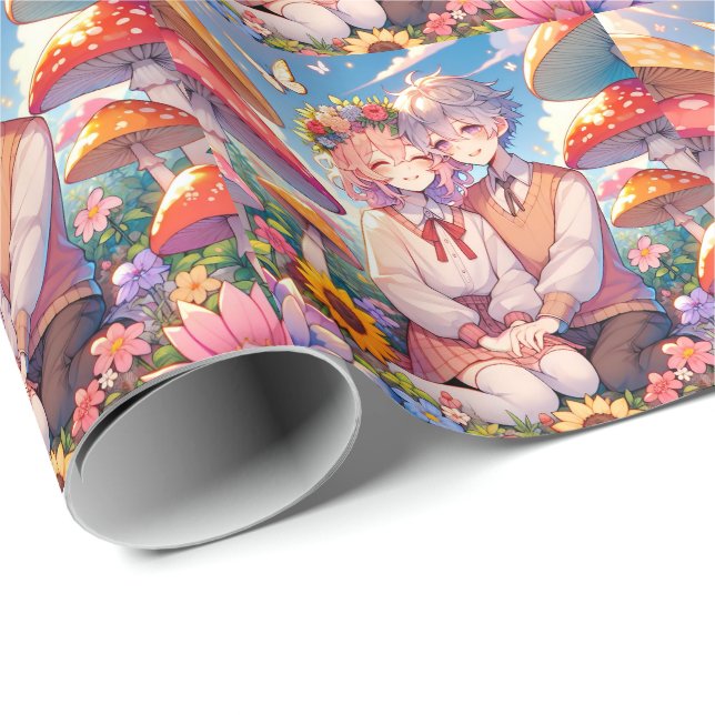 Cute Cuddly Anime Couple Whimsical Romantic Wrapping Paper (Roll Corner)