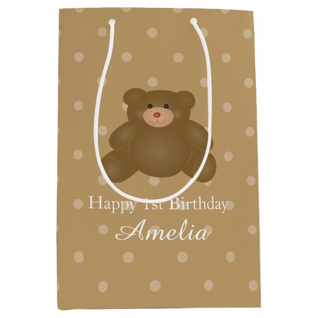 Cute Cuddly Brown Teddy Bear Baby Girl Birthday Medium Gift Bag (Front)