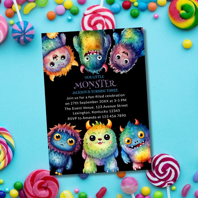 Cute Cuddly Colourful Little Monsters Kids Birthda Invitation (Creator Uploaded)