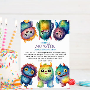 Cute Cuddly Colourful Little Monsters Kids Birthda Thank You Card