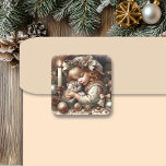 Cute Cuddly Kitten Christmas Square Sticker<br><div class="desc">Cute old-fashioned vintage Christmas stickers. A little girl holding a kitten on a Christmas eve night.</div>