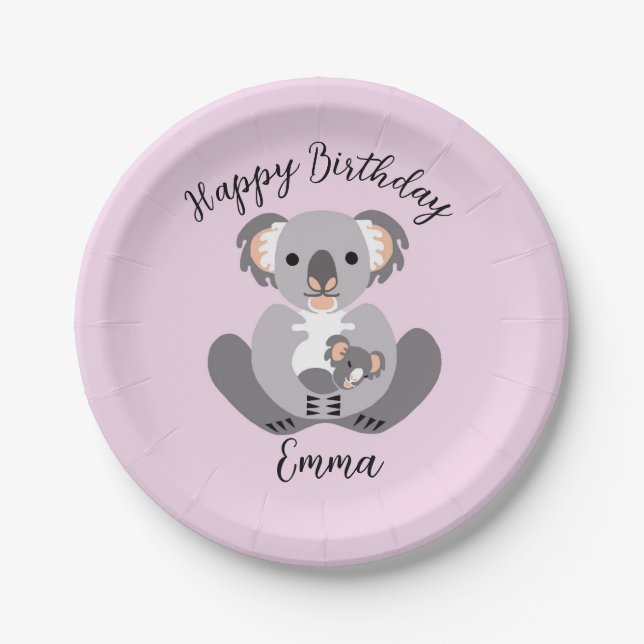 Cute cuddly - KOALA -Happy Birthday - Pink Paper Plate (Front)