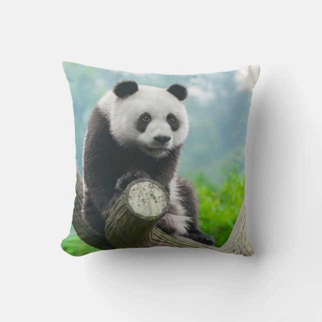 Cute Cuddly Panda Bear Sitting on a Tree Branch Throw Pillow (Front)