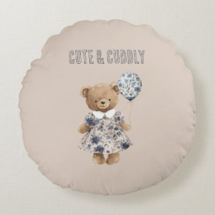 Cute Cuddly Teddy Bear in Blue Floral Dress Round Pillow