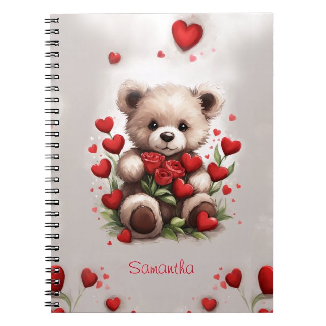 Cute Cuddly Teddy Bear Roses and Hearts Notebook (Front)